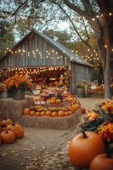 Stunning Autumn Market Showcases Vibrant Pumpkins and Flowers Under Festive Lights. photo