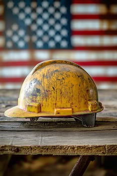 Hard Hat Resting on Wooden Surface in Front of American Flag Background. photo