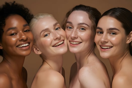 Diverse group of women smiling together, radiant natural beauty with different ethnicities and ages photo
