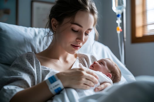 Close-up of mother's hands cradling newborn wrapped in hospital blanket, skin-to-skin contact photo