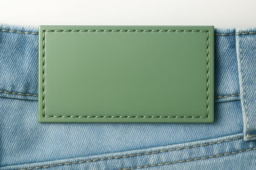 Jeans Label Mockup with Blank Green Leather Patch on Blue Denim Background photo