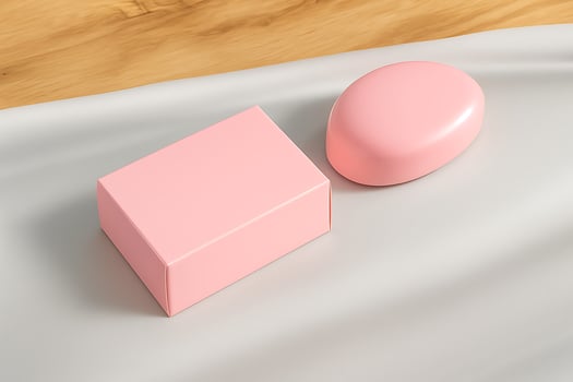 Soap Bar and Box Mockup in Pink on Fabric and Wooden Surface photo