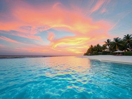 a beautiful sunset over the ocean with palm trees photo