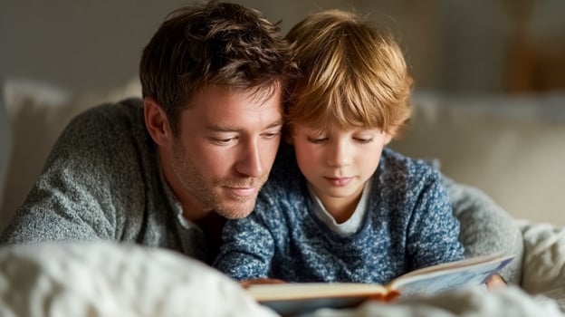 Father and Son Reading Together on a Cozy Bed photo