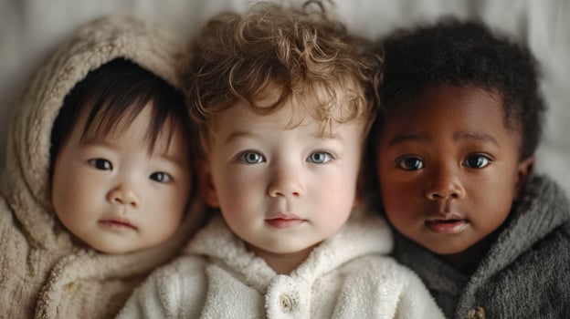 Three Diverse Children with Soft Expressions in Hooded Outfits photo