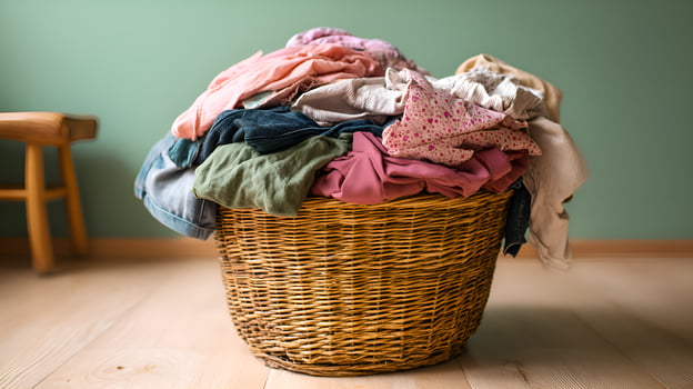 Overflowing laundry basket filled with clothes on floor photo