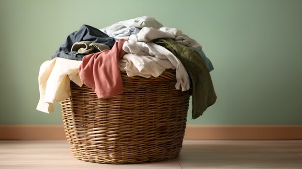 Overflowing laundry basket filled with dirty clothes in a room photo