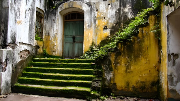 Moss growing on old building steps and wall photo