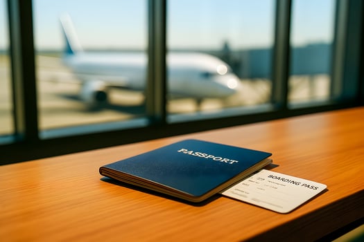 Passport and boarding pass on the desk in the airport photo
