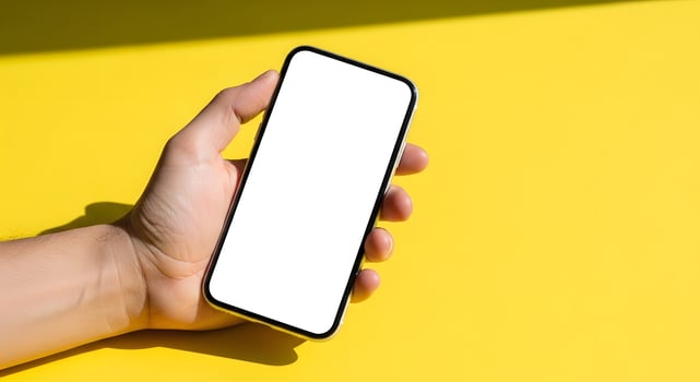 Hand Holding Smartphone with Blank Screen, Yellow Background photo