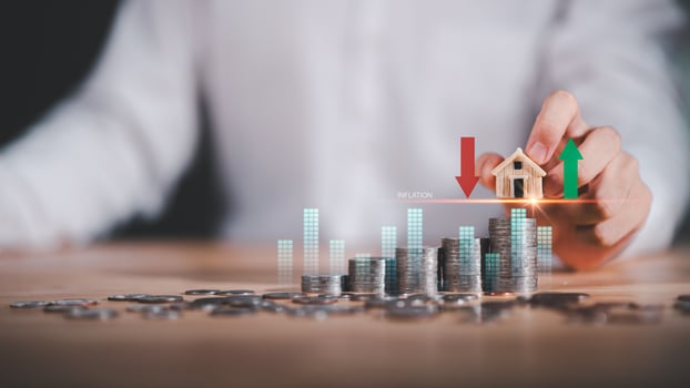 Housing inflation and property market growth visual with coin stacks, arrows, miniature home model, representing rising prices, real estate trends, investment opportunities, and economic fluctuation photo