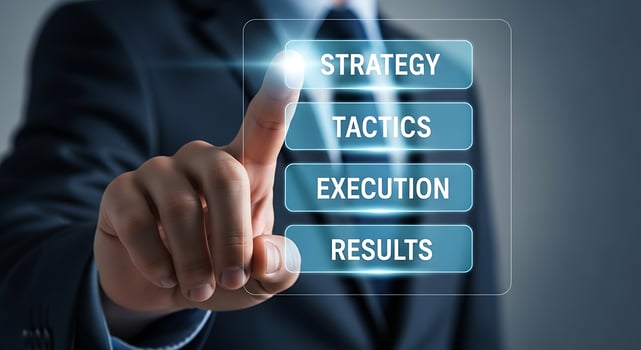 Businessman Touching Digital Screen Showing Strategy Tactics Execution and Results Concepts photo
