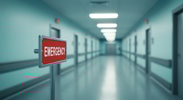 Long Hospital Corridor With Doors And An Emergency Sign On The Left Side photo