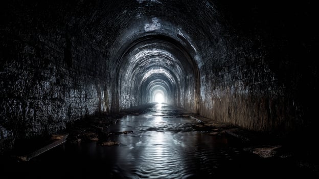 Dark tunnel, abandoned train tunnel, endless, faint light, wet floor, mysterious, eerie photo