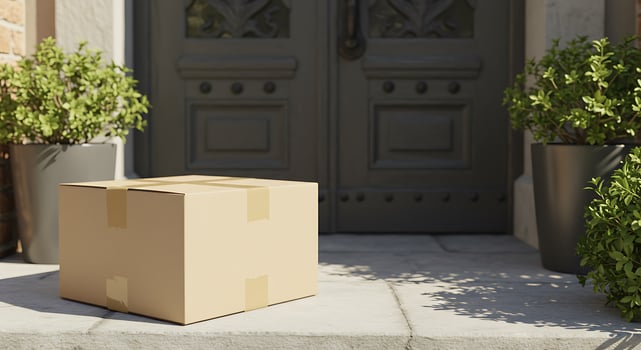 Cardboard Delivery Box Left Unattended on Porch Steps Next to Potted Plants photo