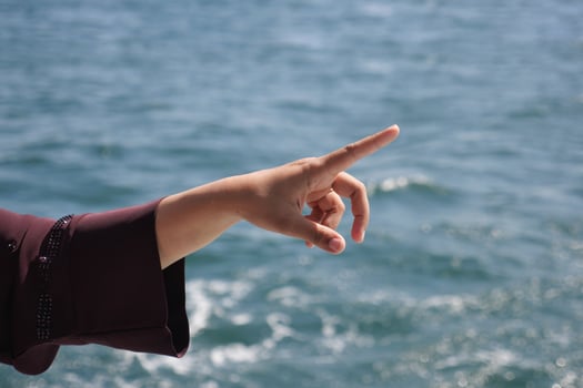 Hand pointing towards the water in a serene seaside setting photo