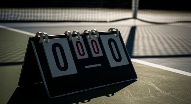 Tennis Scoreboard Zero-Zero, Sunlit Courtside Stillness photo