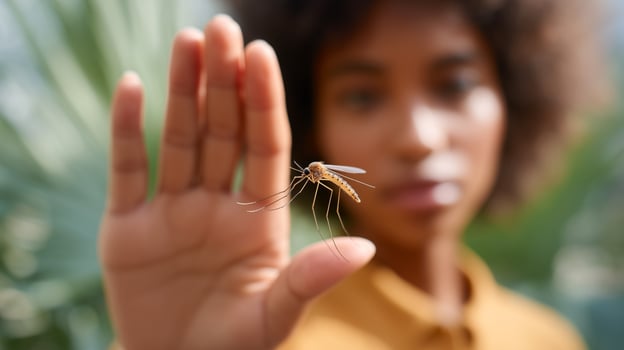 Hand blocking mosquito insect protection concept. Person stopping pest with palm gesture outdoors. Natural mosquito repellent and bite prevention safety awareness in tropical environment. photo