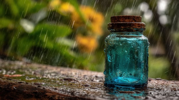 Capture the essence of a rainy day with a blue glass jar and cork stopper outdoors photo