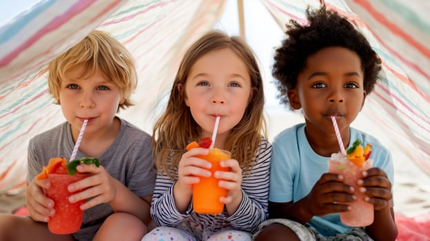 Happy diverse children enjoying colorful mocktails at summer party under striped tent. Kids drinking healthy fruit beverages with straws, celebrating friendship and fun outdoor lifestyle. photo