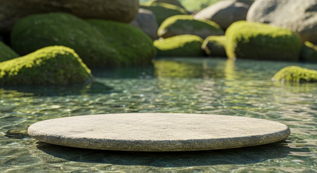 Natural Stone Product Display Platform in Clear Flowing Water with Mossy Rocks Backdrop photo