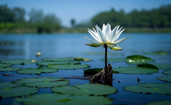 Water lily blossoms on serene water photo