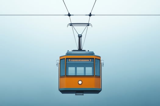 A tram is shown in a blue sky photo