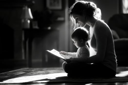A woman and child sitting on the floor reading a book photo
