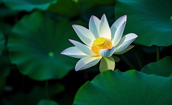 Lotus flower blooming in green leaves photo