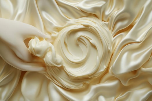 A hand holding a cream swirl on a white background photo