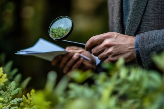 Man in suit holding magnifying glass over paper photo