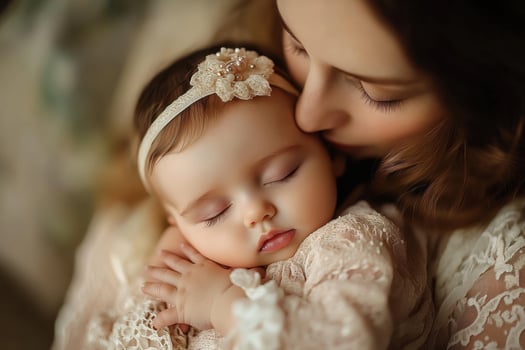 A woman is holding a baby girl photo