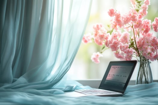 Laptop on blue curtains with pink flowers photo