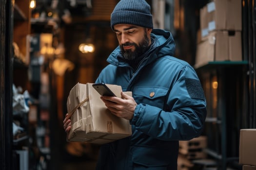 A bearded man in a blue jacket and a beanie is holding a package in a warehouse photo