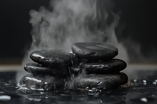 A pile of black stones with steam coming out of them photo