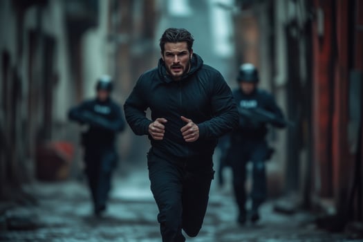 Man running in the street with police officers photo