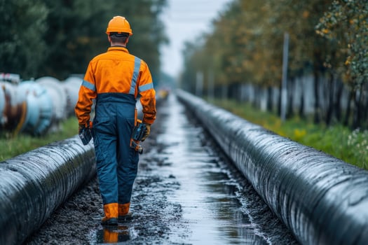A man in an orange safety vest walking along a pipeline photo