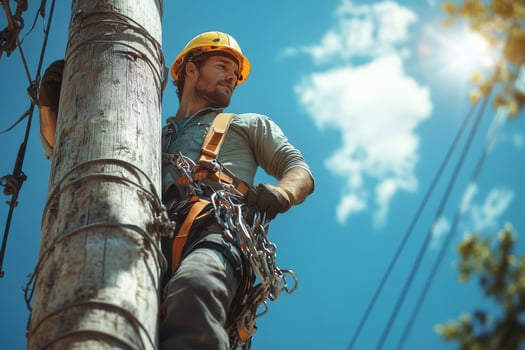 A man in a hard hat and safety vest is working on a power pole photo