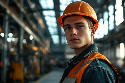 A young man in an orange hard hat standing in a factory photo