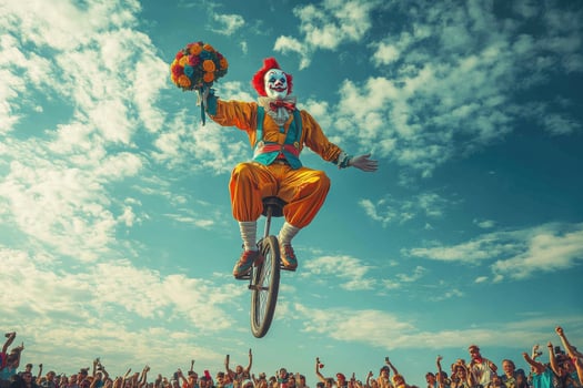 A clown on a unicycle with flowers in the air photo