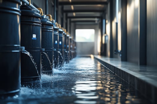 A long row of water tanks in a hallway photo