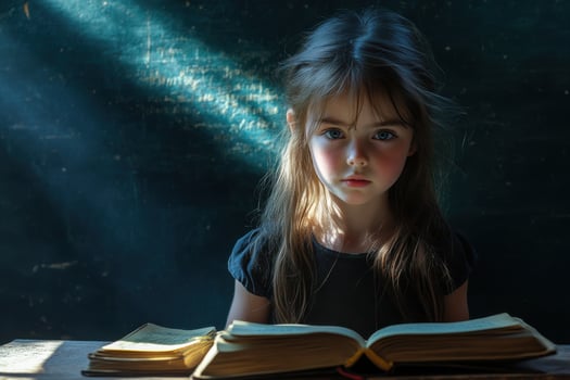 A young girl is reading a book in front of a dark background photo