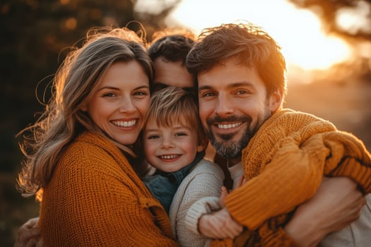 A family posing for a photo in the sunset