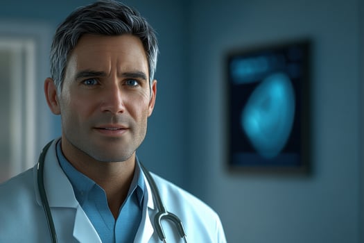A male doctor in a white coat and blue shirt photo
