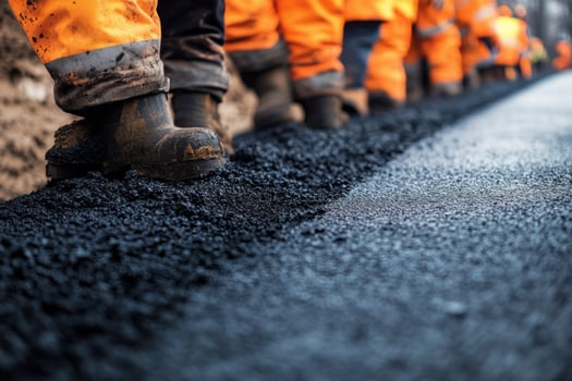 Construction workers in orange overalls walking on a road photo