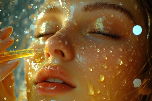 A woman is holding a bottle of oil over her face photo