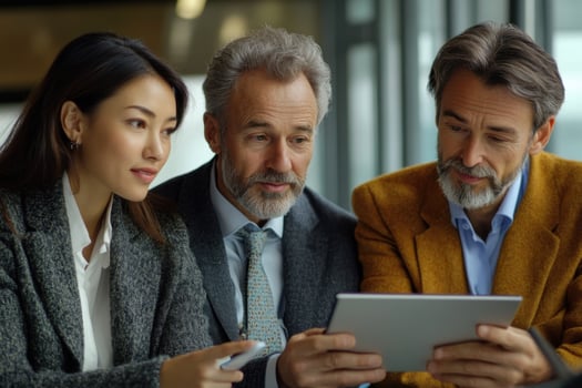 Three business people looking at a tablet photo