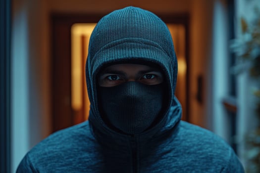 A man wearing a black hoodie and a black mask photo