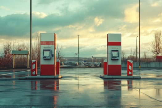 Two gas pumps in a parking lot with a cloudy sky photo