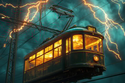 A trolley car on a track with lightning photo